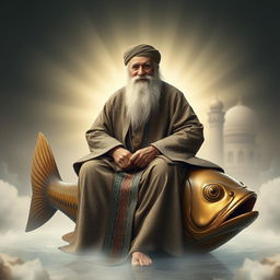 An elderly Sufi saint, Ajmeri Khawaja Greeb Nawaj, depicted in a serene and spiritual atmosphere, seated gracefully on a large, ornate fish that symbolizes wisdom and tranquility