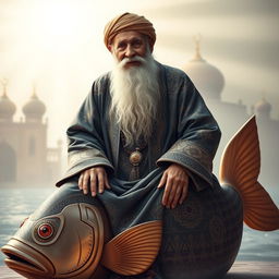 An elderly Sufi saint, Ajmeri Khawaja Greeb Nawaj, depicted in a serene and spiritual atmosphere, seated gracefully on a large, ornate fish that symbolizes wisdom and tranquility