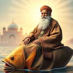 An elderly Sufi saint, Ajmeri Khawaja Greeb Nawaj, depicted in a serene and spiritual atmosphere, seated gracefully on a large, ornate fish that symbolizes wisdom and tranquility