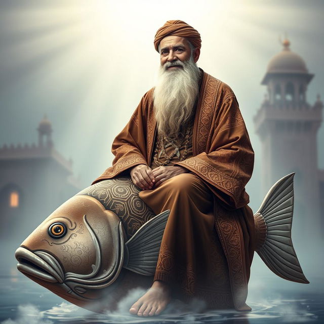 An elderly Sufi saint, Ajmeri Khawaja Greeb Nawaj, depicted in a serene and spiritual atmosphere, seated gracefully on a large, ornate fish that symbolizes wisdom and tranquility