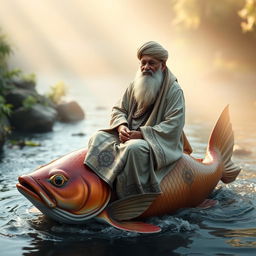 An elderly Sufi saint, Ajmeri Khawaja Greeb Nawaj, is depicted sitting gracefully on a large, beautifully decorated fish