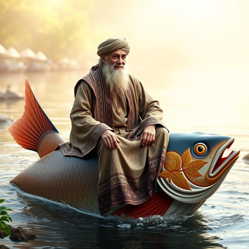 An elderly Sufi saint, Ajmeri Khawaja Greeb Nawaj, is depicted sitting gracefully on a large, beautifully decorated fish