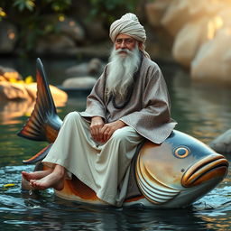An elderly Sufi saint, Ajmeri Khawaja Greeb Nawaj, is depicted sitting gracefully on a large, beautifully decorated fish