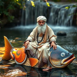 An elderly Sufi saint, Ajmeri Khawaja Greeb Nawaj, is depicted sitting gracefully on a large, beautifully decorated fish