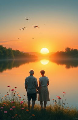 A tranquil scene depicting the last harmony between nature and humanity, featuring a serene sunset over a calm lake surrounded by lush greenery