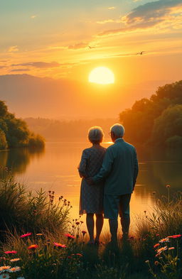 A tranquil scene depicting the last harmony between nature and humanity, featuring a serene sunset over a calm lake surrounded by lush greenery