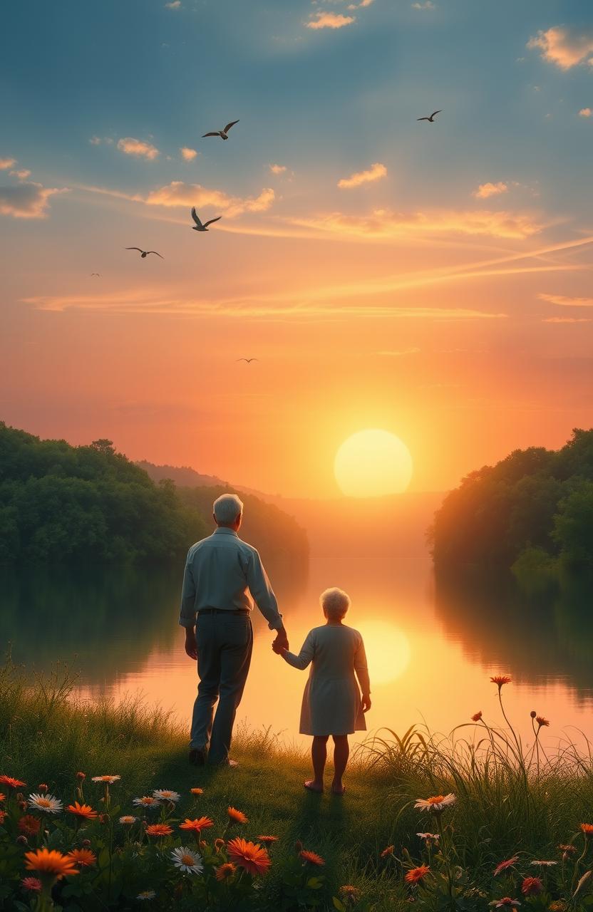 A tranquil scene depicting the last harmony between nature and humanity, featuring a serene sunset over a calm lake surrounded by lush greenery
