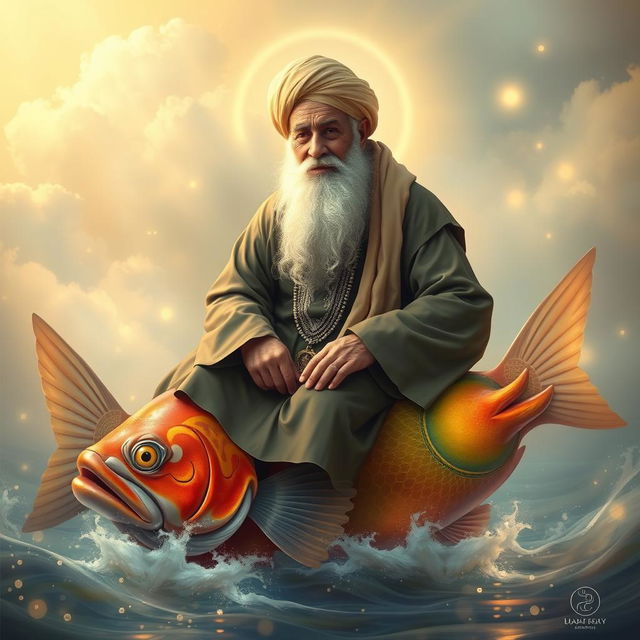 An elderly Sufi saint, dressed in traditional Islamic attire, seated peacefully on a large, colorful fish