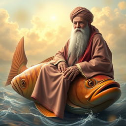 An elderly Sufi saint, dressed in traditional Islamic attire, seated peacefully on a large, colorful fish