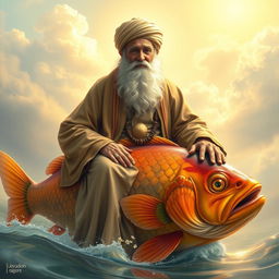 An elderly Sufi saint, dressed in traditional Islamic attire, seated peacefully on a large, colorful fish