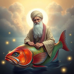 An elderly Sufi saint, dressed in traditional Islamic attire, seated peacefully on a large, colorful fish