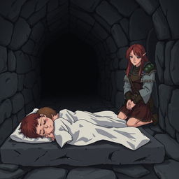 A poignant scene set in the dark, atmospheric church catacombs at night