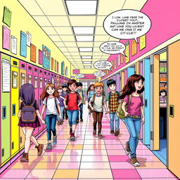 A vibrant and dynamic comic-style illustration of a school hallway, featuring colorful lockers lining the walls, bright bulletin boards with various school announcements and drawings, and students walking around happily chatting with each other