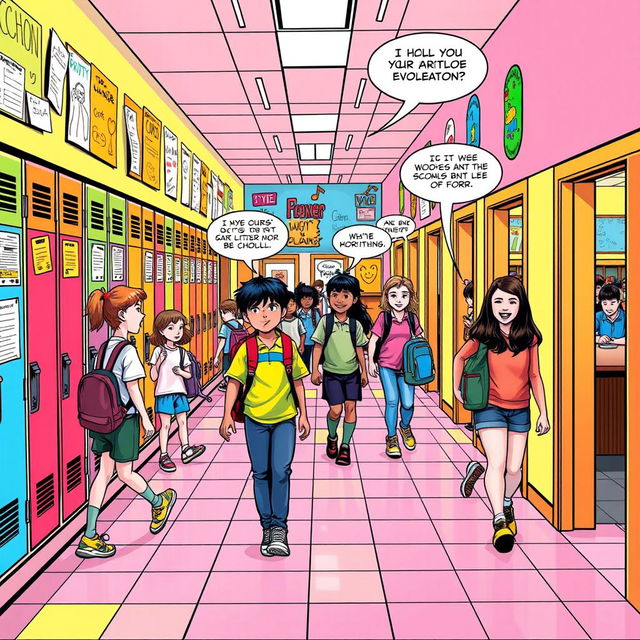 A vibrant and dynamic comic-style illustration of a school hallway, featuring colorful lockers lining the walls, bright bulletin boards with various school announcements and drawings, and students walking around happily chatting with each other