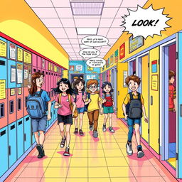 A vibrant and dynamic comic-style illustration of a school hallway, featuring colorful lockers lining the walls, bright bulletin boards with various school announcements and drawings, and students walking around happily chatting with each other