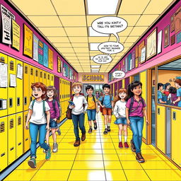 A vibrant and dynamic comic-style illustration of a school hallway, featuring colorful lockers lining the walls, bright bulletin boards with various school announcements and drawings, and students walking around happily chatting with each other