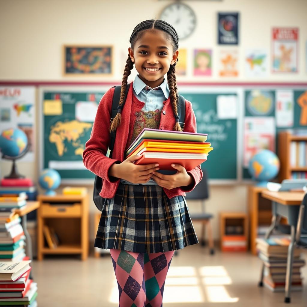 A fashionable schoolgirl wearing stylish attire, complete with a plaid skirt and colorful pantyhose
