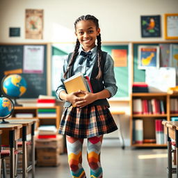 A fashionable schoolgirl wearing stylish attire, complete with a plaid skirt and colorful pantyhose