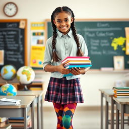 A fashionable schoolgirl wearing stylish attire, complete with a plaid skirt and colorful pantyhose