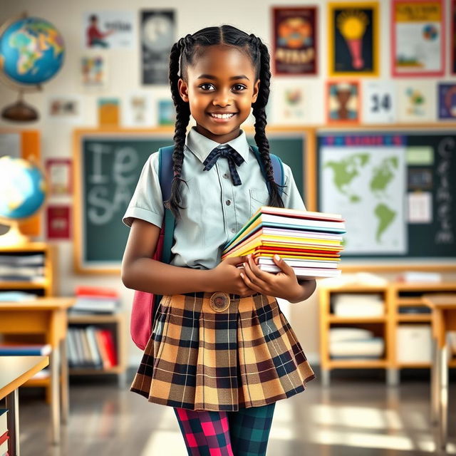 A fashionable schoolgirl wearing stylish attire, complete with a plaid skirt and colorful pantyhose