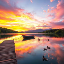 A picturesque landscape featuring a vibrant sunset over a serene lake, with the sky painted in shades of orange, pink, and purple