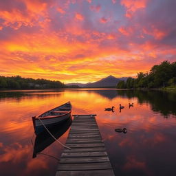 A picturesque landscape featuring a vibrant sunset over a serene lake, with the sky painted in shades of orange, pink, and purple