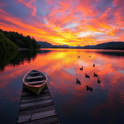 A picturesque landscape featuring a vibrant sunset over a serene lake, with the sky painted in shades of orange, pink, and purple