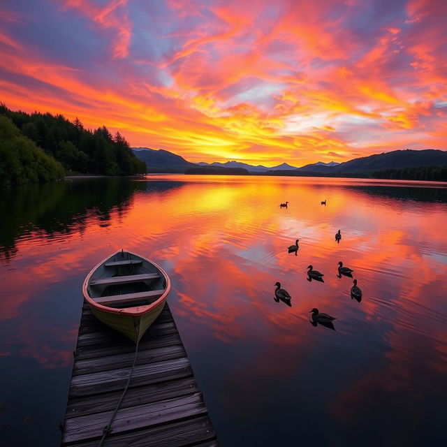 A picturesque landscape featuring a vibrant sunset over a serene lake, with the sky painted in shades of orange, pink, and purple