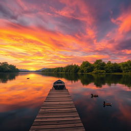 A picturesque landscape featuring a vibrant sunset over a serene lake, with the sky painted in shades of orange, pink, and purple