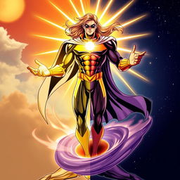 A dynamic superhero in a striking costume that symbolizes both light and darkness