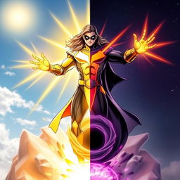 A dynamic superhero in a striking costume that symbolizes both light and darkness