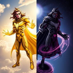 A dynamic superhero in a striking costume that symbolizes both light and darkness