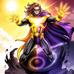 A dynamic superhero in a striking costume that symbolizes both light and darkness