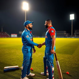 An ultra-realistic depiction of two iconic cricketers, Virat Kohli and Rohit Sharma, on a cricket ground at night after practice