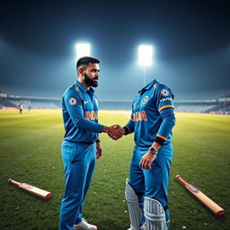 An ultra-realistic depiction of two iconic cricketers, Virat Kohli and Rohit Sharma, on a cricket ground at night after practice