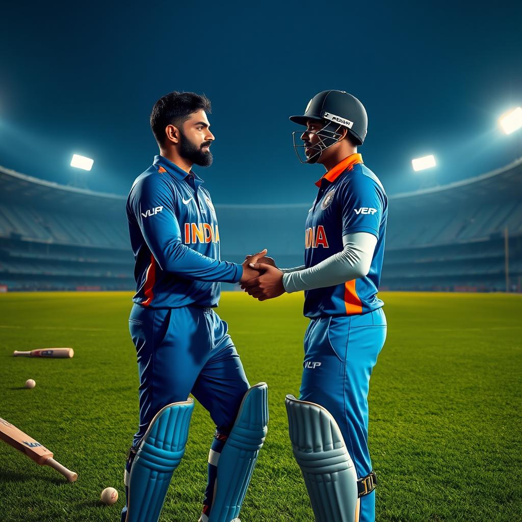 An ultra-realistic depiction of two iconic cricketers, Virat Kohli and Rohit Sharma, on a cricket ground at night after practice