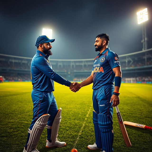 An ultra-realistic depiction of two iconic cricketers, Virat Kohli and Rohit Sharma, on a cricket ground at night after practice