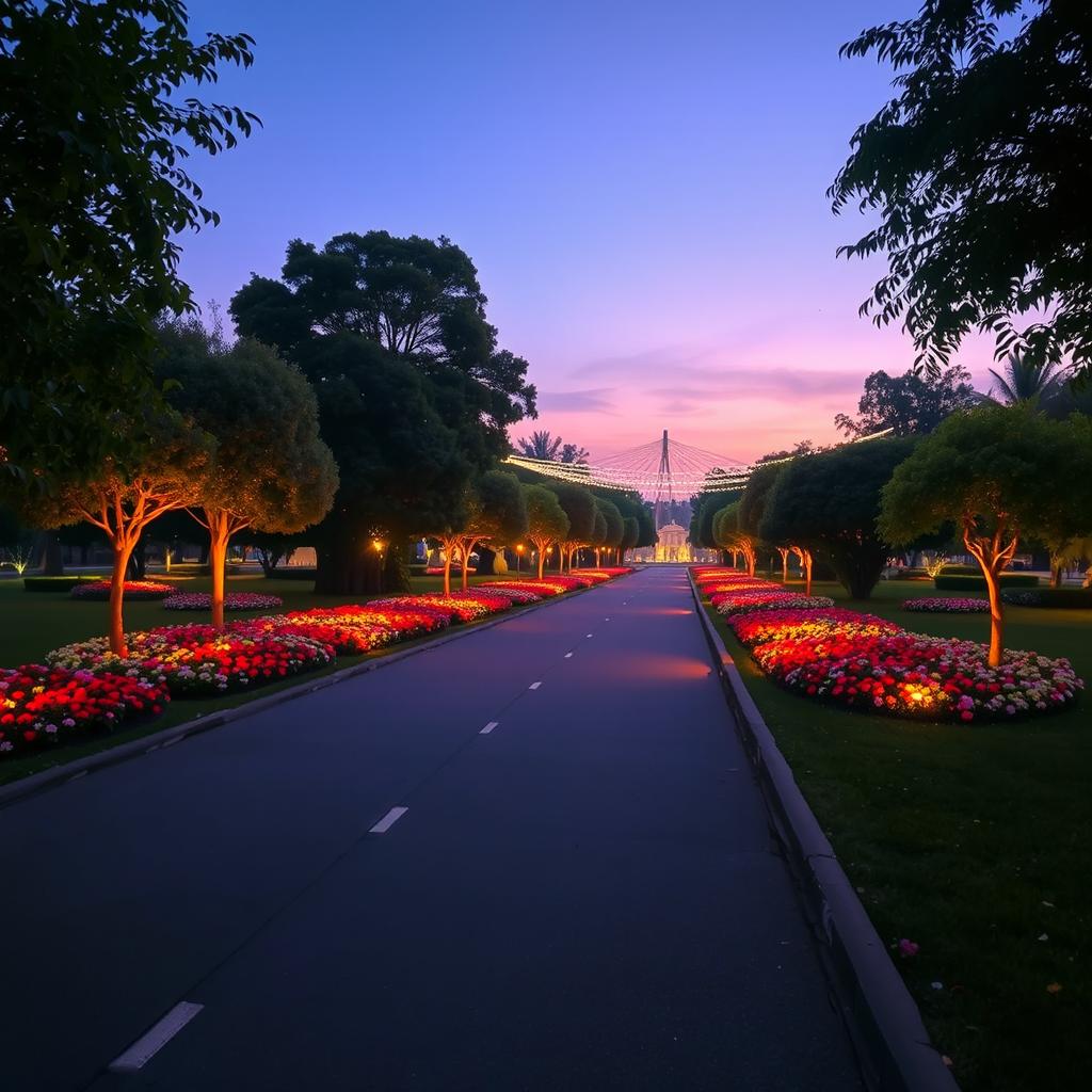 An aesthetic park featuring a wide road illuminated with vibrant, glowing elements