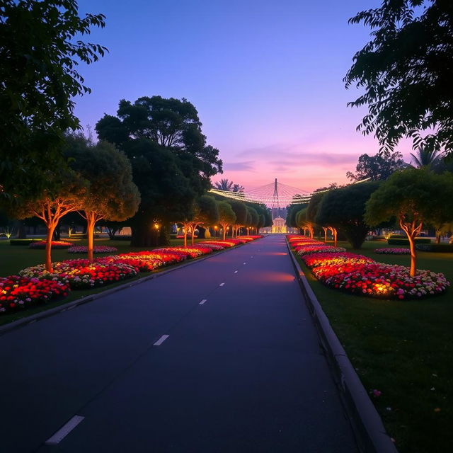 An aesthetic park featuring a wide road illuminated with vibrant, glowing elements