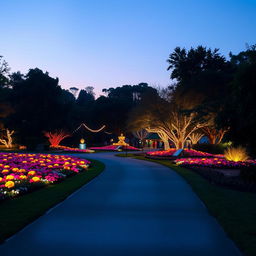 An aesthetic park featuring a wide road illuminated with vibrant, glowing elements