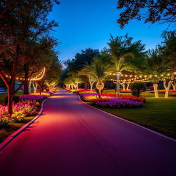 An aesthetic park featuring a wide road illuminated with vibrant, glowing elements