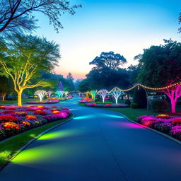 An aesthetic park featuring a wide road illuminated with vibrant, glowing elements