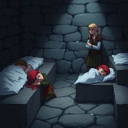 A deeply emotional scene set in a dimly lit church basement at night