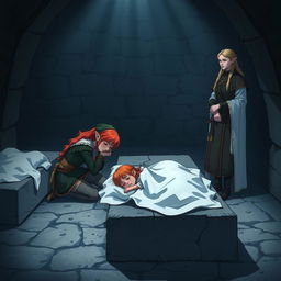 A deeply emotional scene set in a dimly lit church basement at night