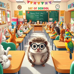 On the first day of school in a vibrant classroom filled with excited young animals, a lively scene unfolds