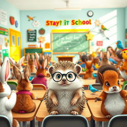 On the first day of school in a vibrant classroom filled with excited young animals, a lively scene unfolds