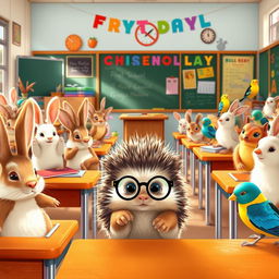 On the first day of school in a vibrant classroom filled with excited young animals, a lively scene unfolds