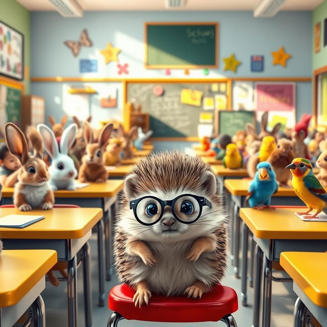 On the first day of school in a vibrant classroom filled with excited young animals, a lively scene unfolds