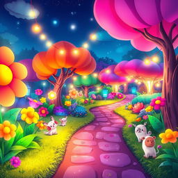 A cartoon-style illustration of an aesthetically pleasing garden glowing with vibrant colors