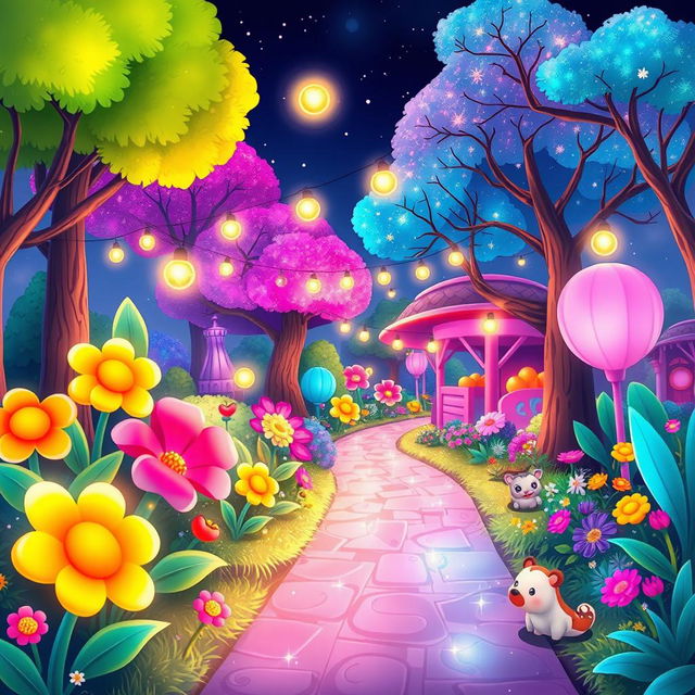 A cartoon-style illustration of an aesthetically pleasing garden glowing with vibrant colors